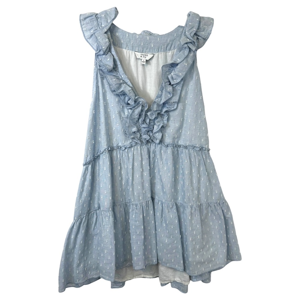 Crown & Ivy Large Top Light Blue Swiss Dot Tiered Ruffle Babydoll Soft Girl 1731